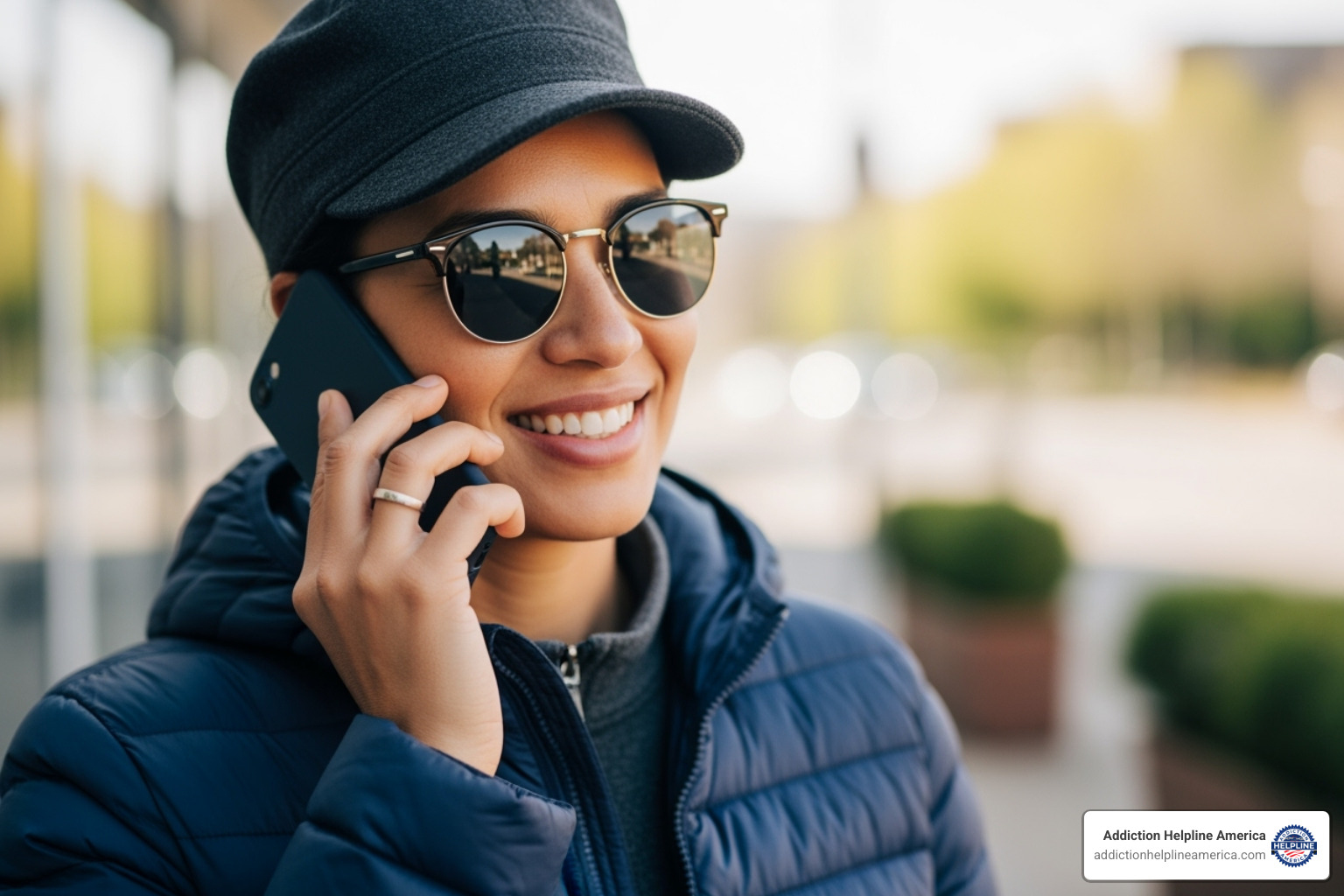 A person confidently holds a phone to their ear, smiling, with a blurred background suggesting a positive outlook - treatment center reviews A person confidently holds a phone to their ear, smiling, with a blurred background suggesting a positive outlook - treatment center reviews