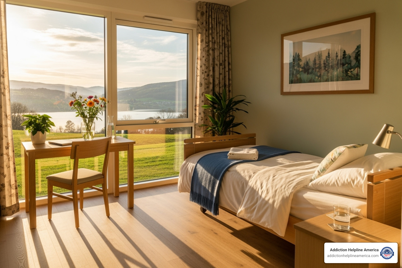 A bright and comfortable patient room with a neatly made bed, a small desk, and a window overlooking a serene landscape - treatment center reviews A bright and comfortable patient room with a neatly made bed, a small desk, and a window overlooking a serene landscape - treatment center reviews