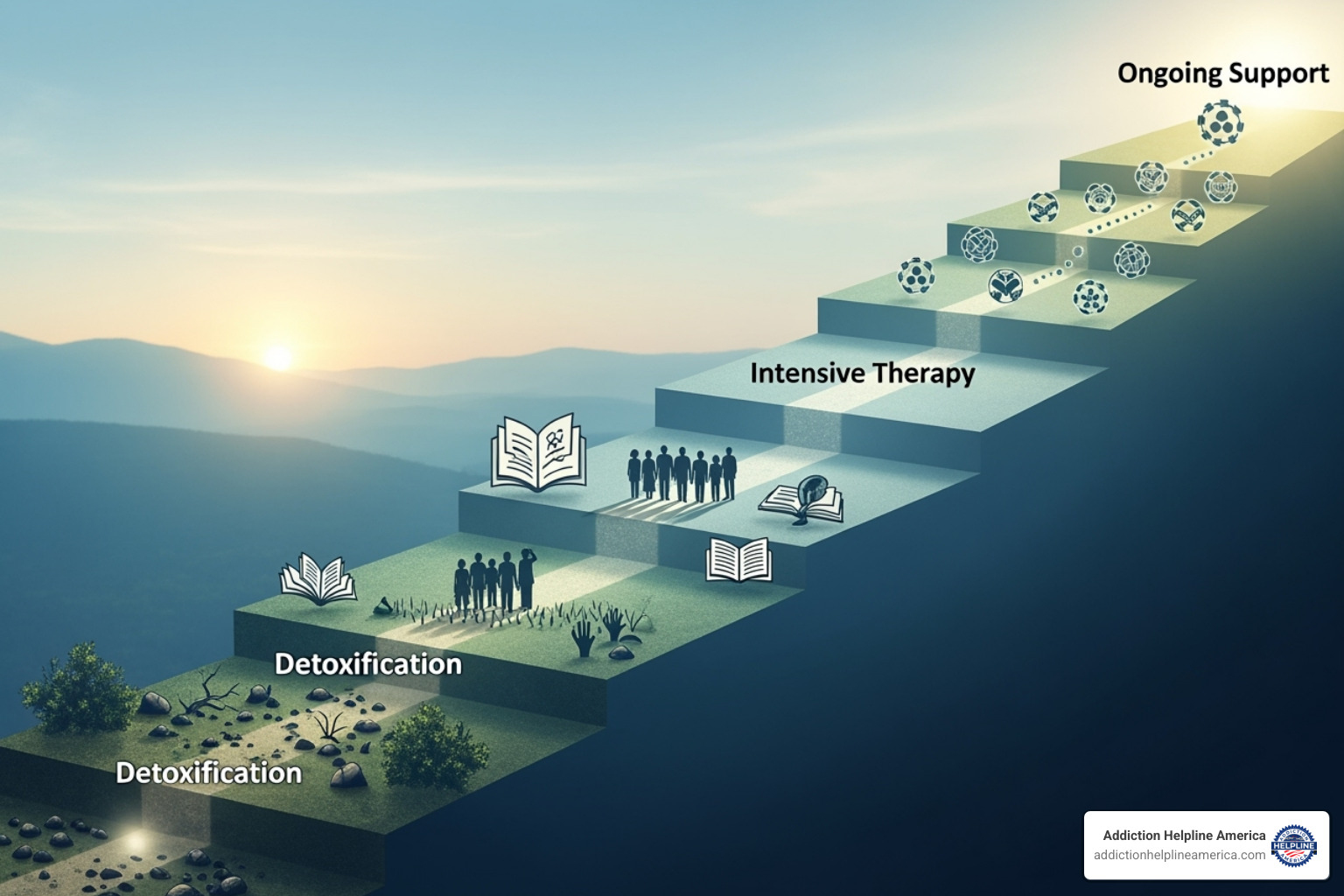 Infographic illustrating the continuum of care in addiction treatment, from detox to aftercare - drug rehab Alexandria VA
