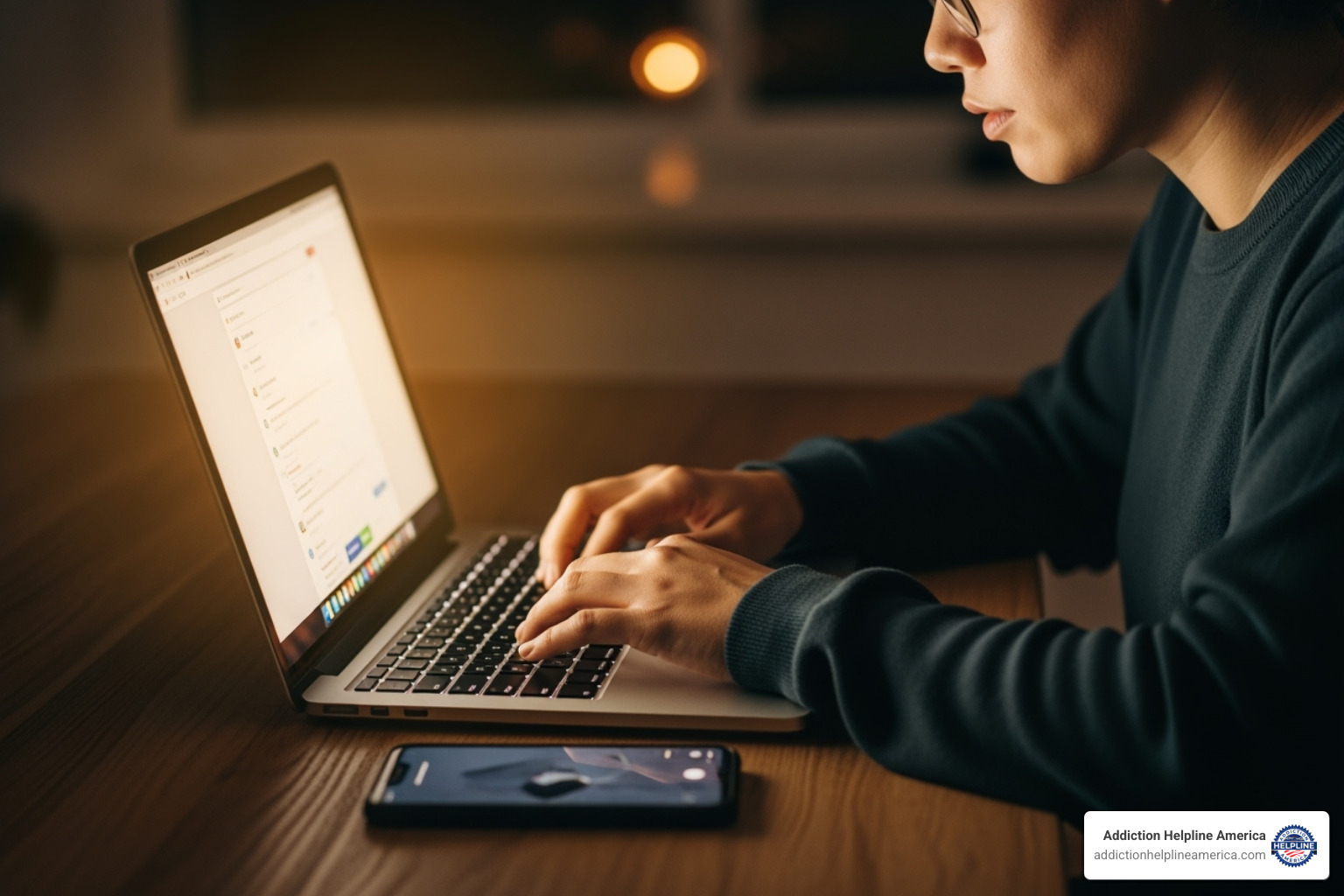 A person using a laptop to search online, with a phone nearby - free addiction resources A person using a laptop to search online, with a phone nearby - free addiction resources