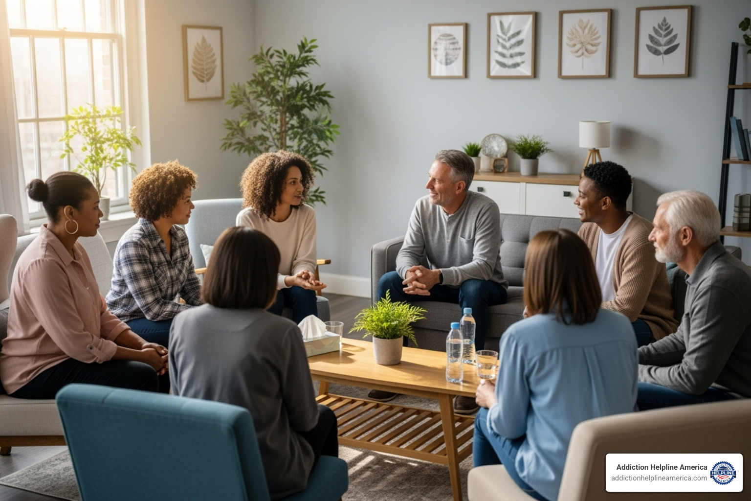 A diverse group of people in a supportive setting, looking hopeful - free addiction resources A diverse group of people in a supportive setting, looking hopeful - free addiction resources