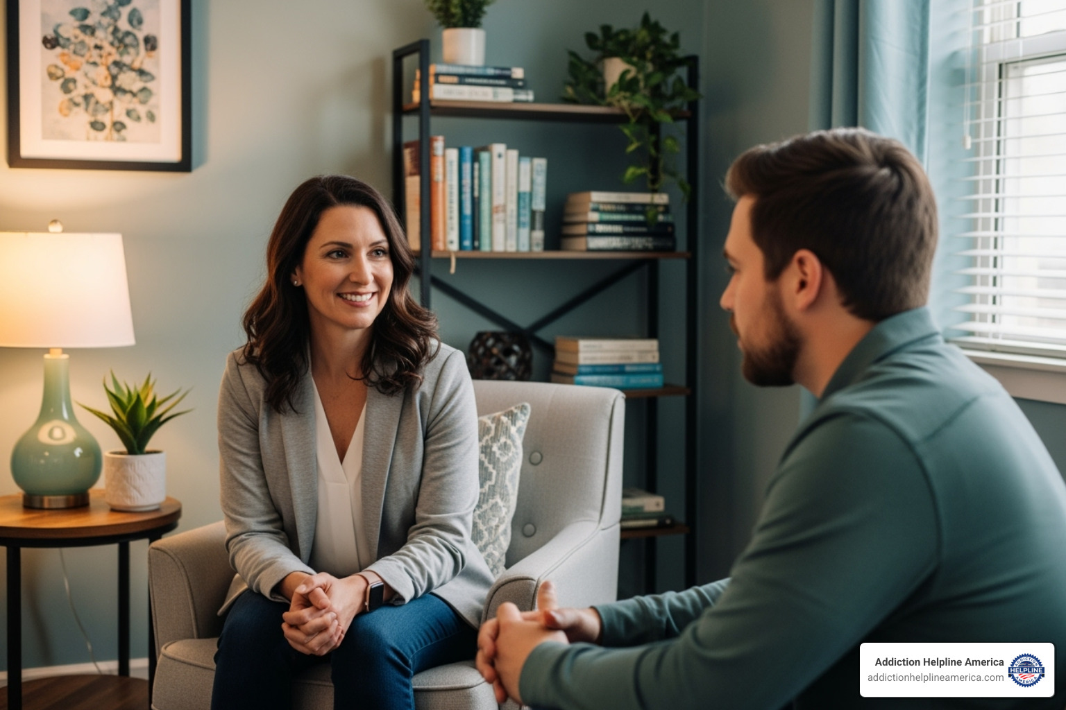 Compassionate therapist talking with patient - Substance abuse help Compassionate therapist talking with patient - Substance abuse help