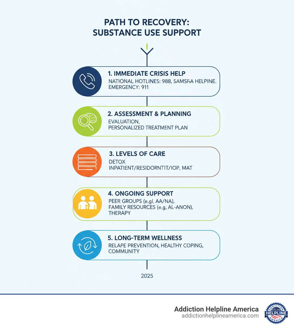 Comprehensive infographic showing the path to recovery from substance abuse, including initial crisis resources like national hotlines and emergency services, assessment and treatment planning phases, various levels of care from detox through outpatient programs, ongoing support through peer groups and family resources, and long-term recovery maintenance with relapse prevention strategies - Substance abuse help infographic  Comprehensive infographic showing the path to recovery from substance abuse, including initial crisis resources like national hotlines and emergency services, assessment and treatment planning phases, various levels of care from detox through outpatient programs, ongoing support through peer groups and family resources, and long-term recovery maintenance with relapse prevention strategies - Substance abuse help infographic