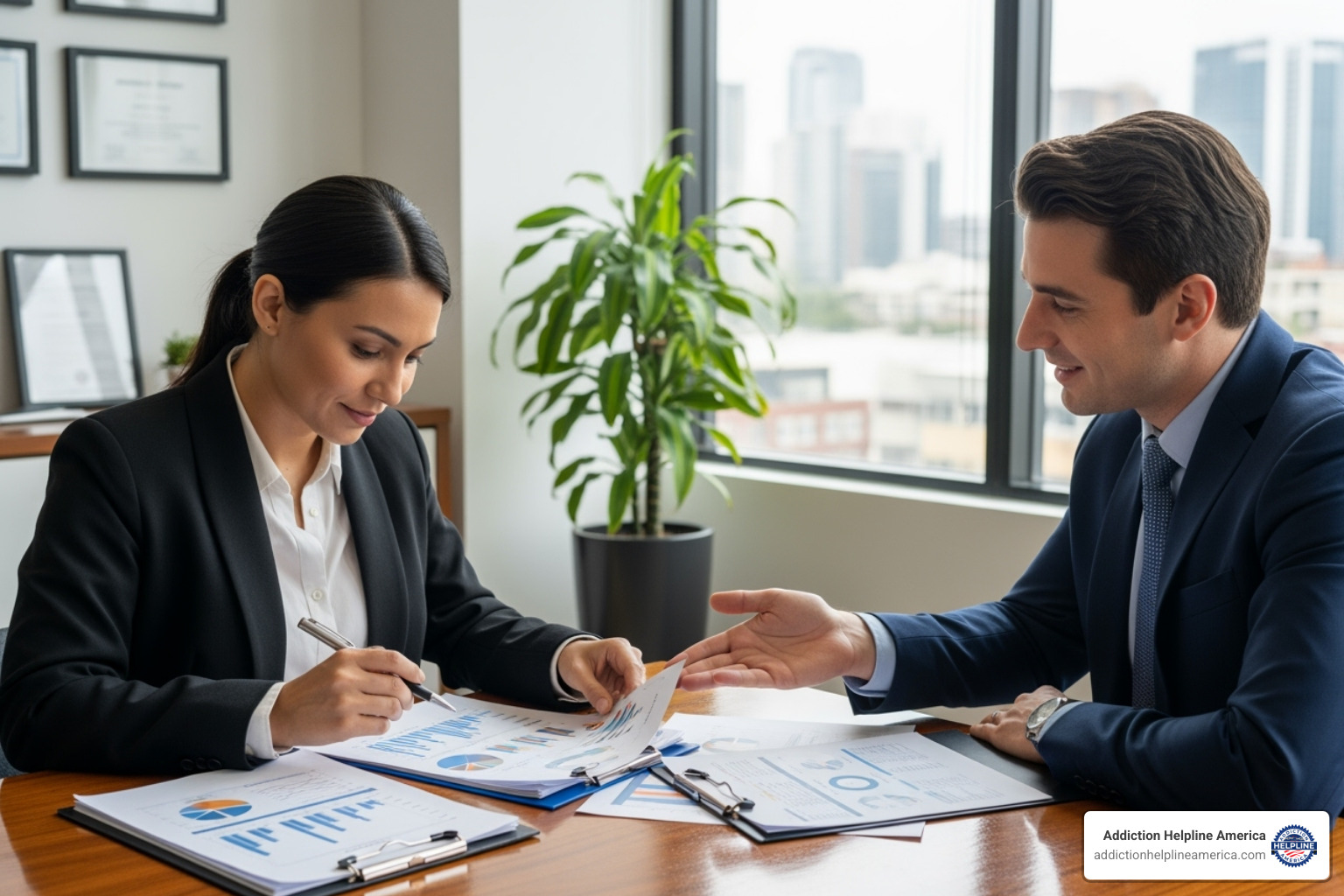 Person reviewing financial documents with a supportive advisor - Addiction recovery assistance Person reviewing financial documents with a supportive advisor - Addiction recovery assistance