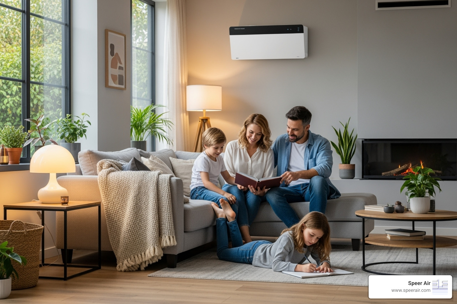 Family relaxing in a comfortable, zoned room with a discreet ductless unit - ductless hvac contractor northern nj