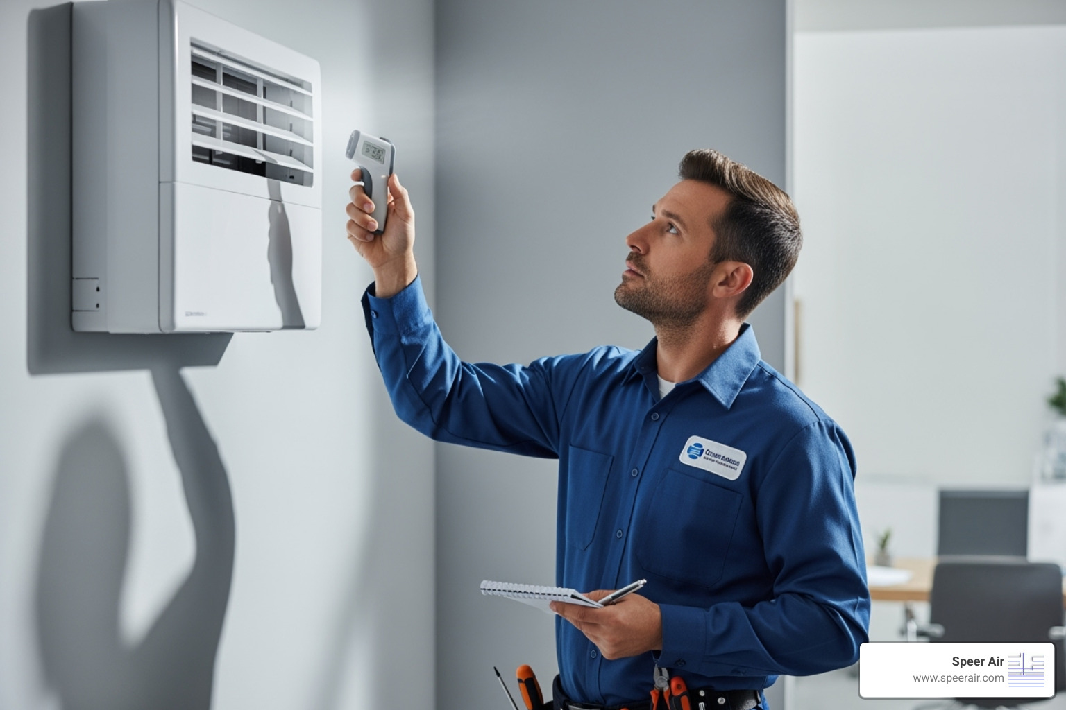 Professional technician in uniform inspecting a ductless unit - ductless hvac contractor northern nj