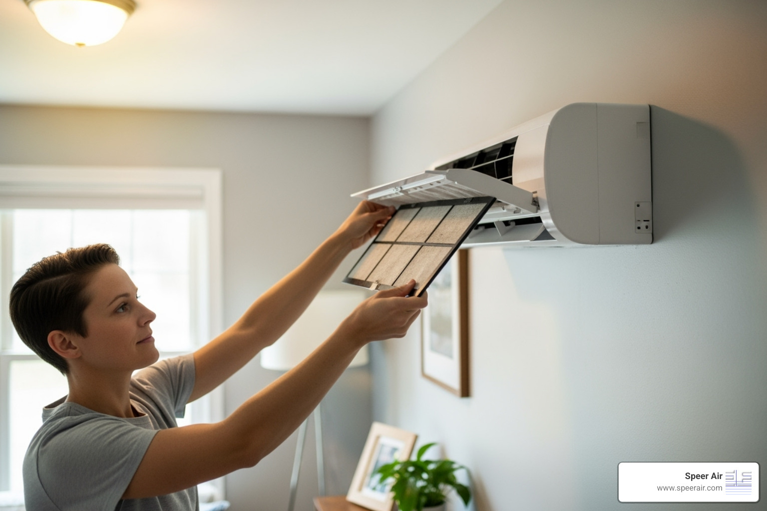 Homeowner easily cleaning the filter of an indoor ductless unit - ductless hvac contractor northern nj