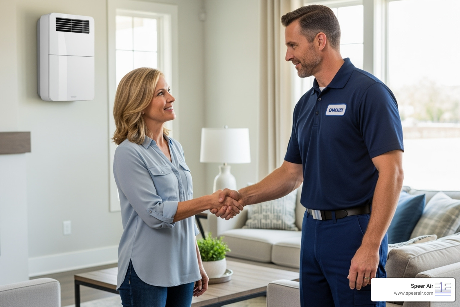 Professional technician shaking hands with a satisfied homeowner after successful ductless HVAC service - ductless hvac contractor northern nj