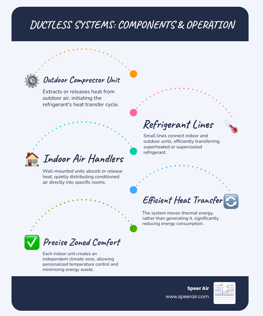 Comprehensive guide showing ductless HVAC system components including outdoor compressor unit, indoor wall-mounted air handler, refrigerant lines, electrical connections, and condensate drain with labels explaining heat transfer process and zoning capabilities - ductless hvac contractor northern nj infographic infographic-line-5-steps-blues-accent_colors