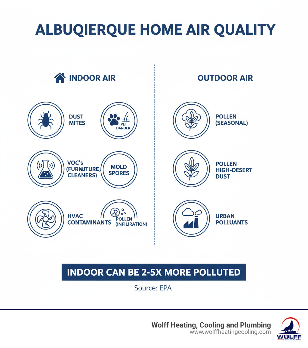 Comprehensive breakdown of indoor air pollutants found in Albuquerque homes including dust mites, pet dander, mold spores, VOCs from furniture and cleaning products, pollen, and HVAC system contaminants, compared to outdoor air quality levels - indoor air quality testing albuquerque infographic  Comprehensive breakdown of indoor air pollutants found in Albuquerque homes including dust mites, pet dander, mold spores, VOCs from furniture and cleaning products, pollen, and HVAC system contaminants, compared to outdoor air quality levels - indoor air quality testing albuquerque infographic
