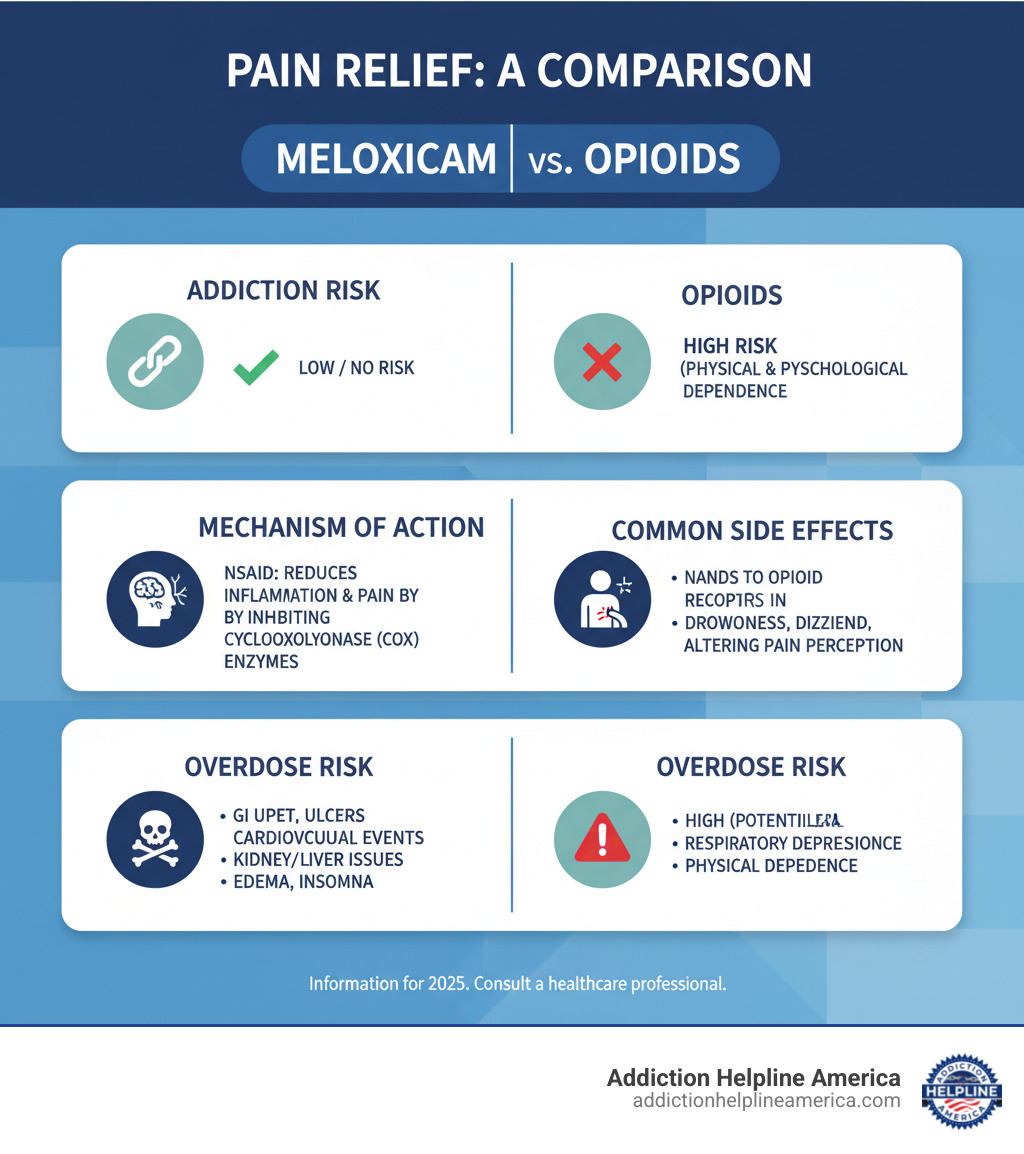 table comparing Meloxicam vs. Opioids on key factors: Addiction Risk, Mechanism of Action, Common Side Effects, Overdose Risk - is the drug meloxicam addictive infographic 
