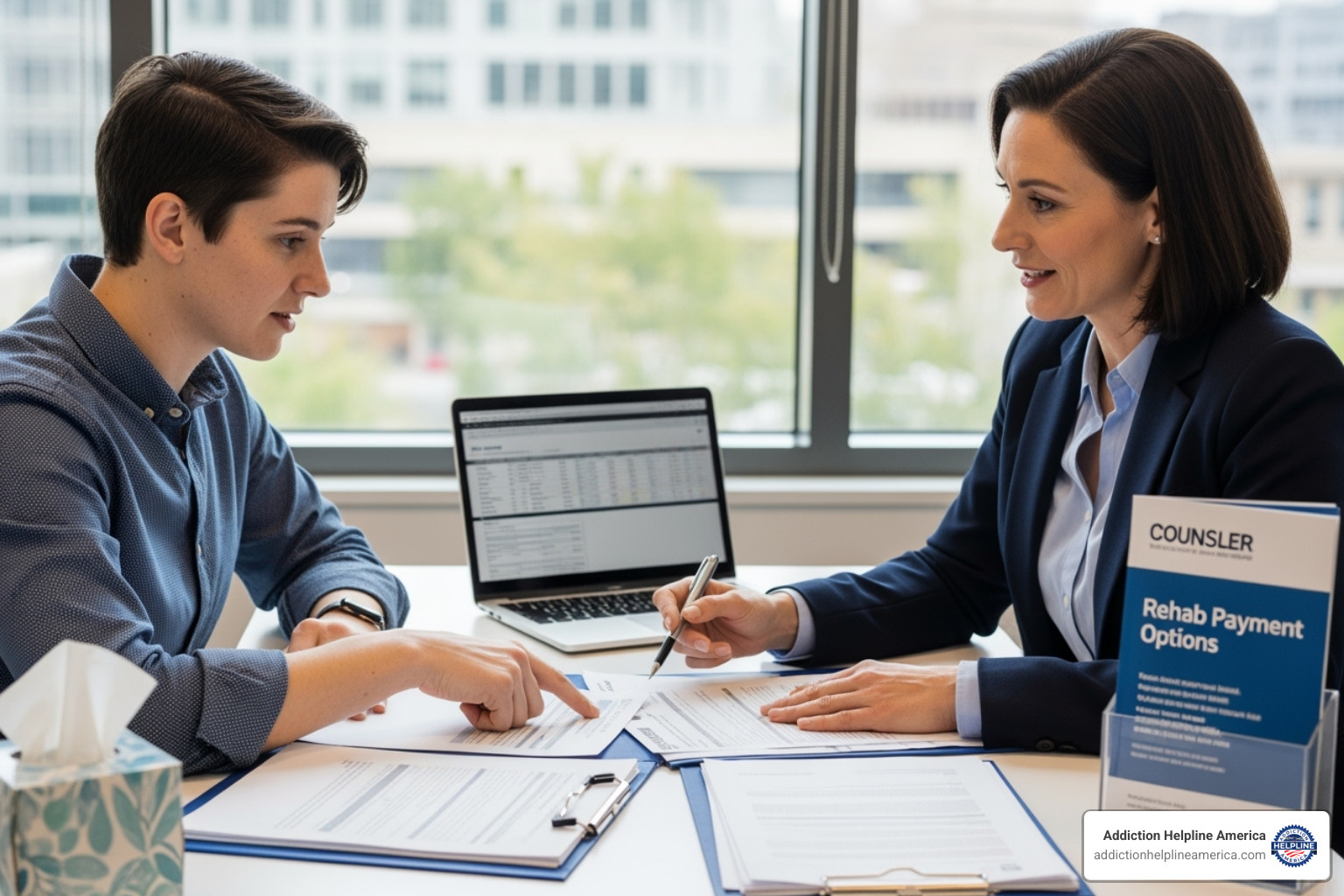 A person reviewing financial documents with a counselor, discussing payment options for rehab - rehab in Augusta ME