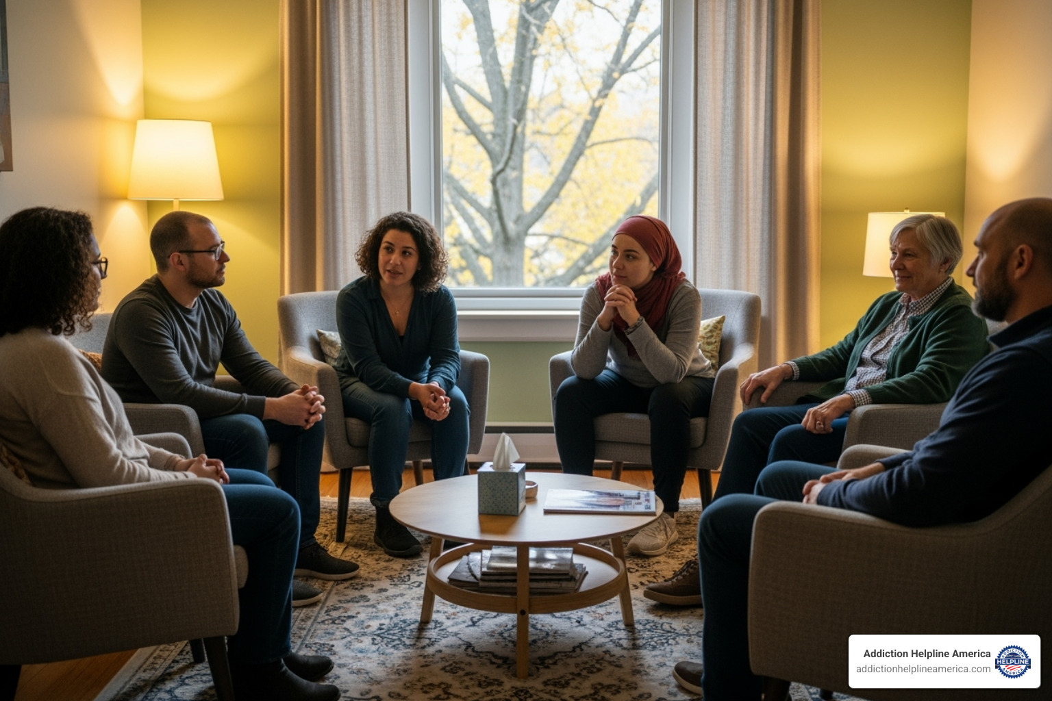 A diverse group of individuals engaged in a supportive group therapy session - rehab in Augusta ME