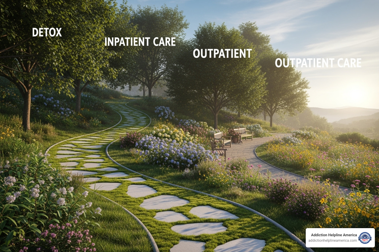 Continuum of care illustrating detox, inpatient, PHP, IOP, and outpatient services - rehab in Augusta ME