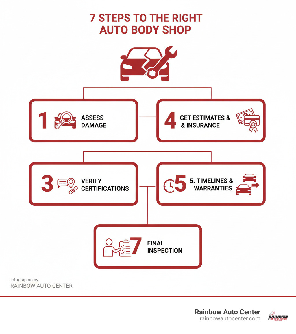 Comprehensive infographic showing the 7-step process for choosing the right auto body shop: Step 1 - Assess damage and repair needs, Step 2 - Research local shops and check reviews, Step 3 - Verify certifications and expertise, Step 4 - Get estimates and understand insurance, Step 5 - Ask about timelines and warranties, Step 6 - Prepare vehicle for appointment, Step 7 - Complete final inspection before pickup - auto body shop infographic 