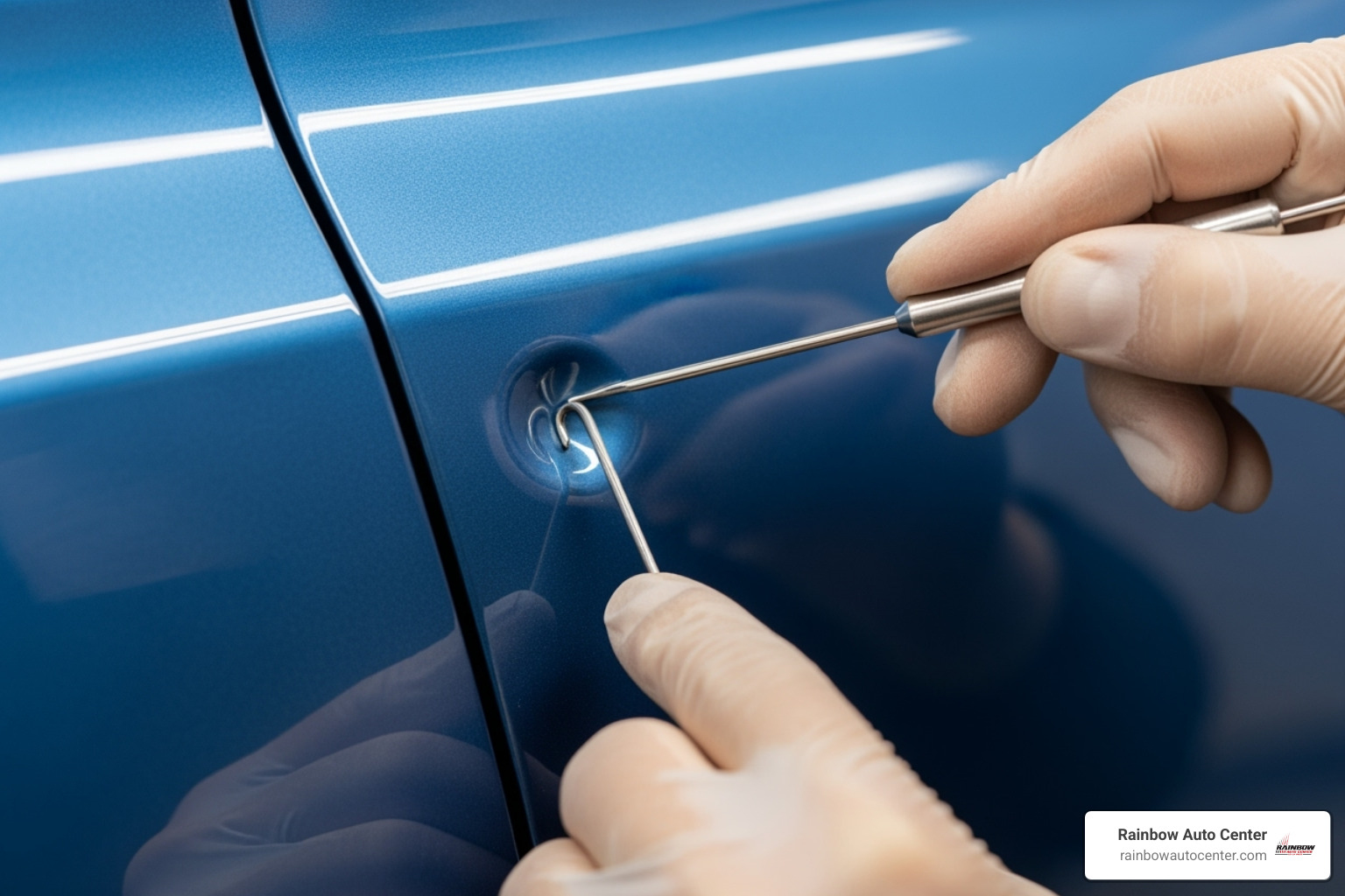 paintless dent repair (PDR) tool in action - auto body shop