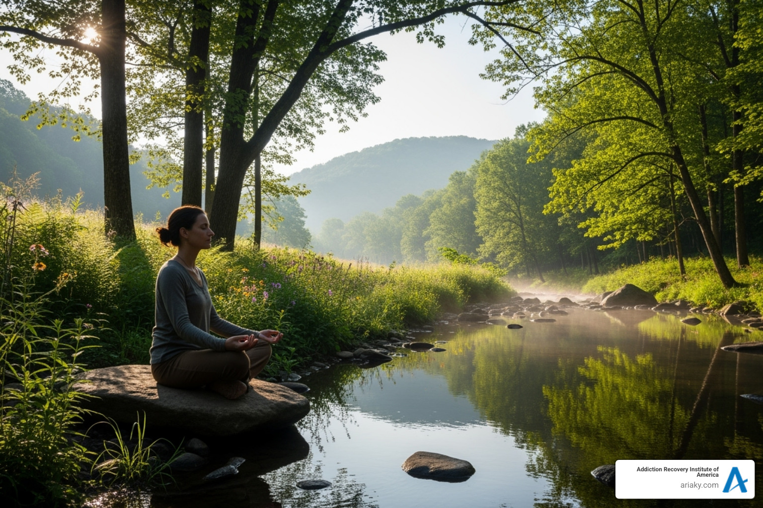A serene image of a person meditating in a peaceful, natural setting in Kentucky, symbolizing the therapeutic environment of recovery - drug recovery Lexington A serene image of a person meditating in a peaceful, natural setting in Kentucky, symbolizing the therapeutic environment of recovery - drug recovery Lexington