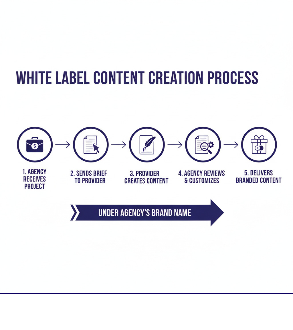 Detailed infographic showing the white label content creation process: Agency receives client project, sends brief to white label provider, provider creates content, agency reviews and customizes content, agency delivers final branded content to client under their own name - White label content creation infographic 