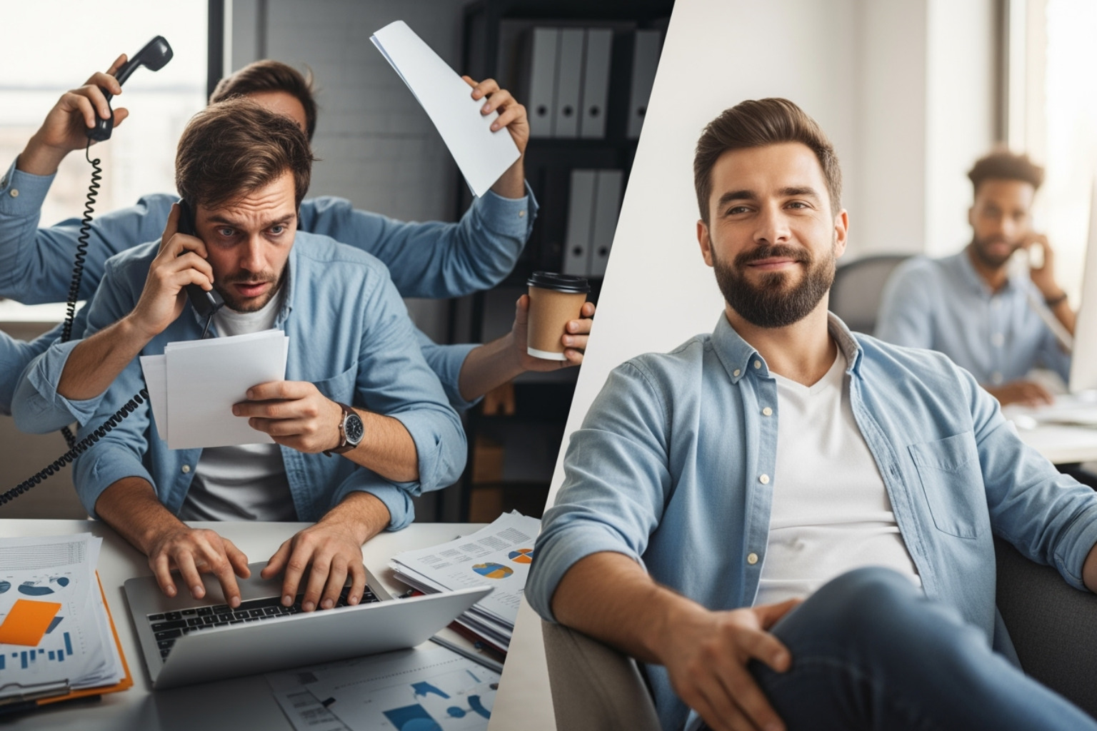 A split image showing a stressed agency owner juggling multiple tasks on one side, and a relaxed, smiling agency owner delegating tasks on the other - White label content creation