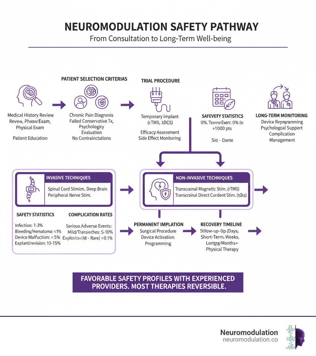 Comprehensive infographic showing the neuromodulation safety pathway from initial consultation through patient selection criteria, trial procedures, permanent implantation options, recovery timeline, and long-term monitoring, with safety statistics and complication rates clearly displayed for both invasive and non-invasive techniques - is neuromodulation safe infographic Comprehensive infographic showing the neuromodulation safety pathway from initial consultation through patient selection criteria, trial procedures, permanent implantation options, recovery timeline, and long-term monitoring, with safety statistics and complication rates clearly displayed for both invasive and non-invasive techniques - is neuromodulation safe infographic