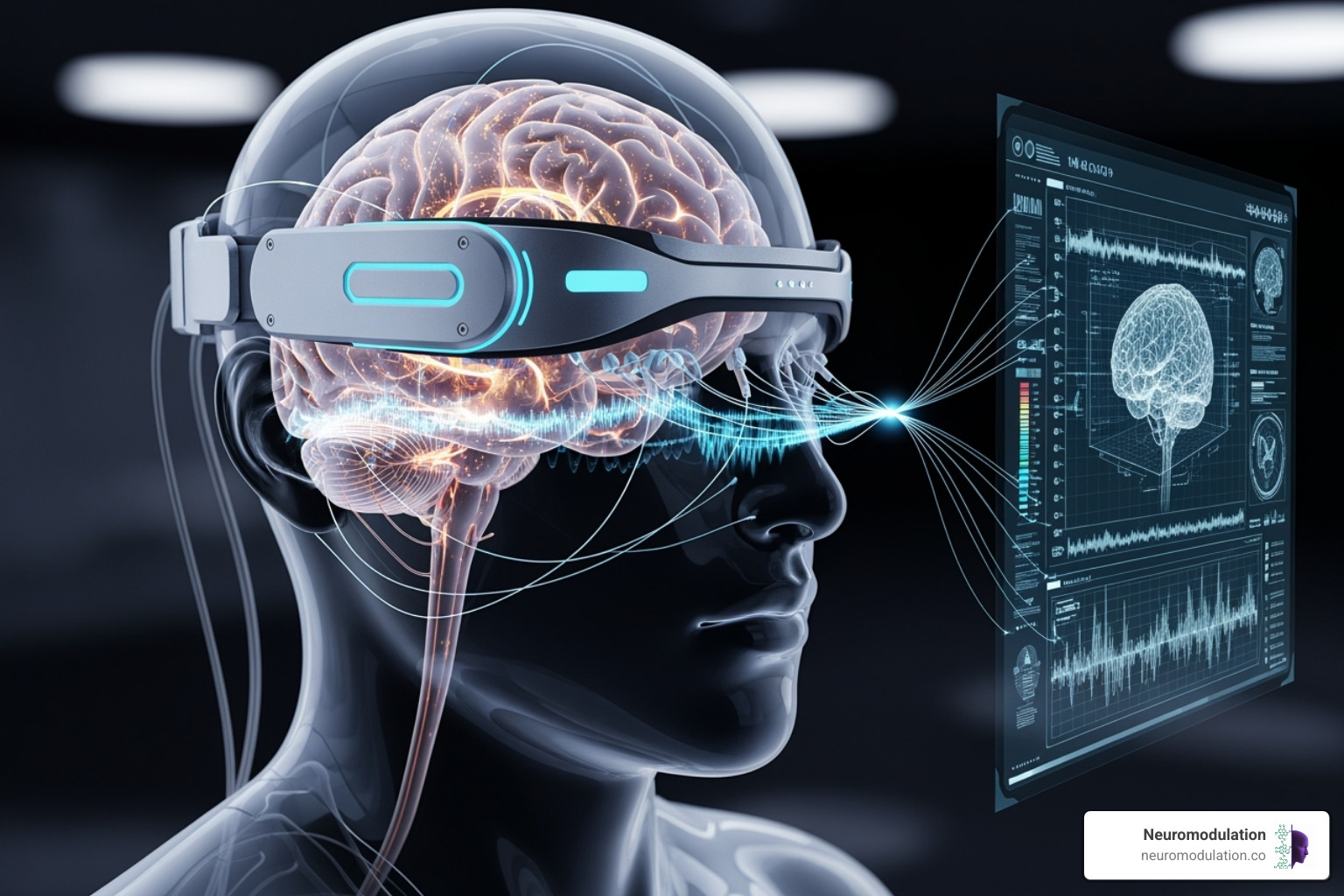 Detailed illustration of a futuristic brain-computer interface (BCI) headset seamlessly integrated with a glowing, intricate neural network within a transparent human head. The BCI projects subtle energy waves, indicating active neuromodulation, with data streams flowing to an advanced holographic display showing real-time brain activity patterns. - is neuromodulation safe Detailed illustration of a futuristic brain-computer interface (BCI) headset seamlessly integrated with a glowing, intricate neural network within a transparent human head. The BCI projects subtle energy waves, indicating active neuromodulation, with data streams flowing to an advanced holographic display showing real-time brain activity patterns. - is neuromodulation safe