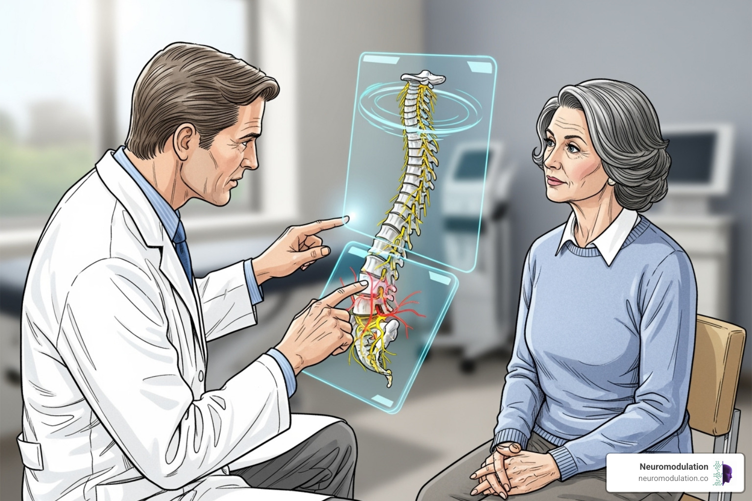 A detailed illustration of a medical professional consulting with a patient, with a transparent tablet displaying a 3D spinal column highlighting nerve pathways and potential stimulation points. The doctor points to an area on the screen while the patient listens attentively, emphasizing shared decision-making. - is neuromodulation safe A detailed illustration of a medical professional consulting with a patient, with a transparent tablet displaying a 3D spinal column highlighting nerve pathways and potential stimulation points. The doctor points to an area on the screen while the patient listens attentively, emphasizing shared decision-making. - is neuromodulation safe