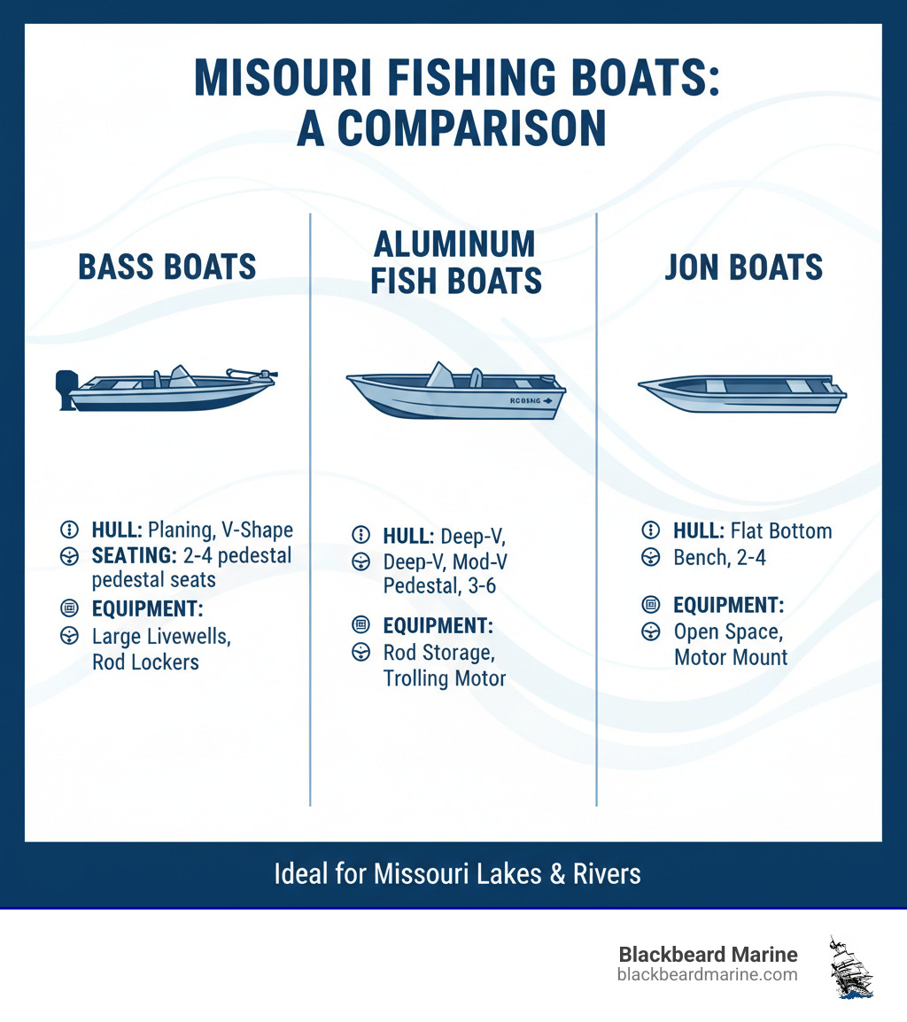 Comprehensive comparison showing bass boats with large casting decks and livewells, aluminum fish boats with deep-V hulls and rod storage, and jon boats with flat bottoms for shallow water access, highlighting key features like hull design, seating arrangements, and fishing-specific equipment for Missouri waters - fishing boats for sale in missouri infographic 