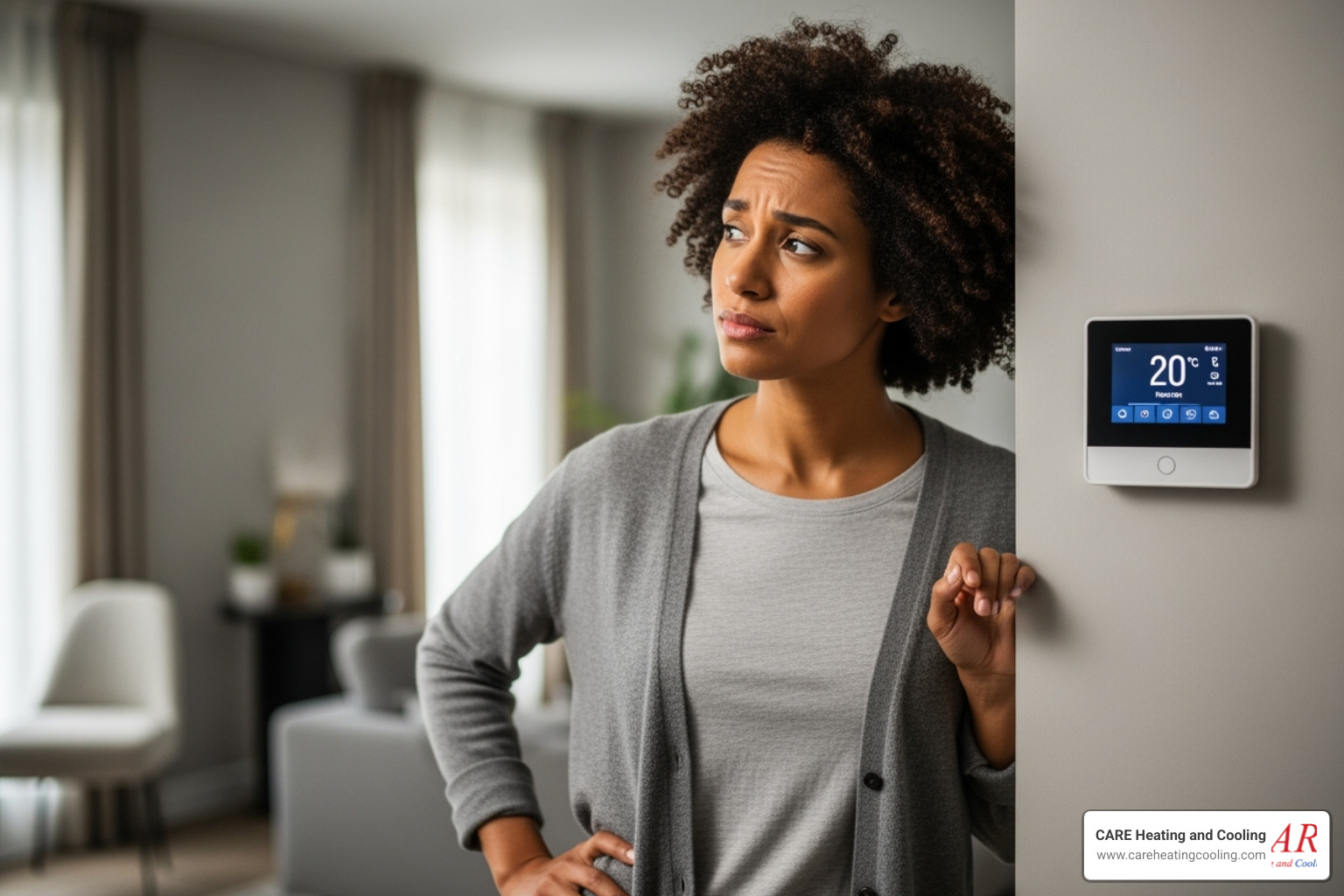 homeowner looking at thermostat - geothermal service gahanna