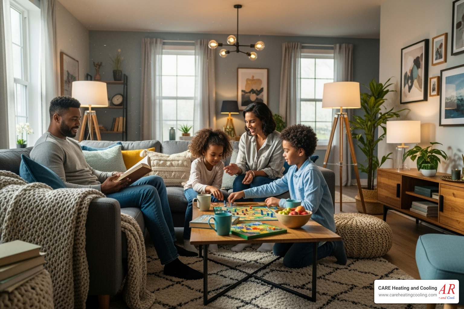 family enjoying comfortable living room - geothermal service gahanna