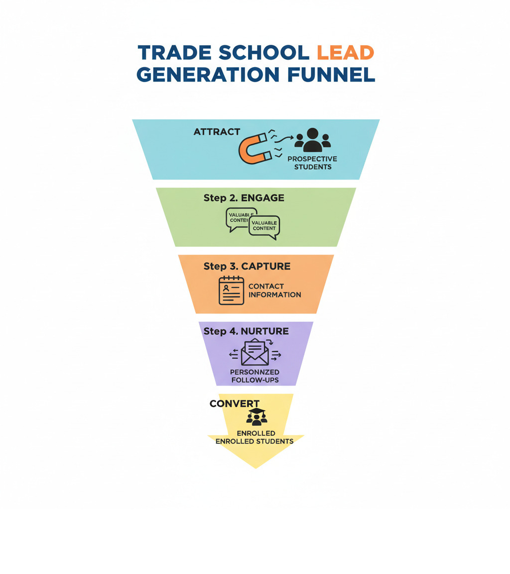 Infographic showing the 5-step trade school lead generation funnel with icons and arrows: Step 1 Attract (magnet icon with prospective students), Step 2 Engage (conversation bubbles with valuable content), Step 3 Capture (form icon with contact information), Step 4 Nurture (email sequence with personalized follow-ups), Step 5 Convert (graduation cap with enrolled students) - Trade school lead generation infographic  Infographic showing the 5-step trade school lead generation funnel with icons and arrows: Step 1 Attract (magnet icon with prospective students), Step 2 Engage (conversation bubbles with valuable content), Step 3 Capture (form icon with contact information), Step 4 Nurture (email sequence with personalized follow-ups), Step 5 Convert (graduation cap with enrolled students) - Trade school lead generation infographic