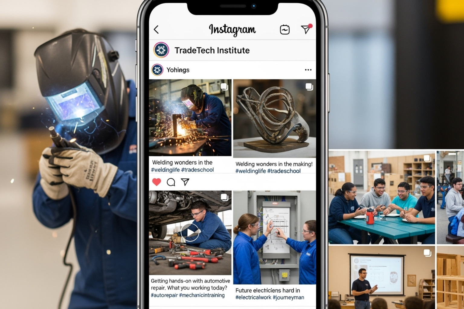 Image of a trade school's Instagram feed showing hands-on projects and student life - Trade school lead generation Image of a trade school's Instagram feed showing hands-on projects and student life - Trade school lead generation