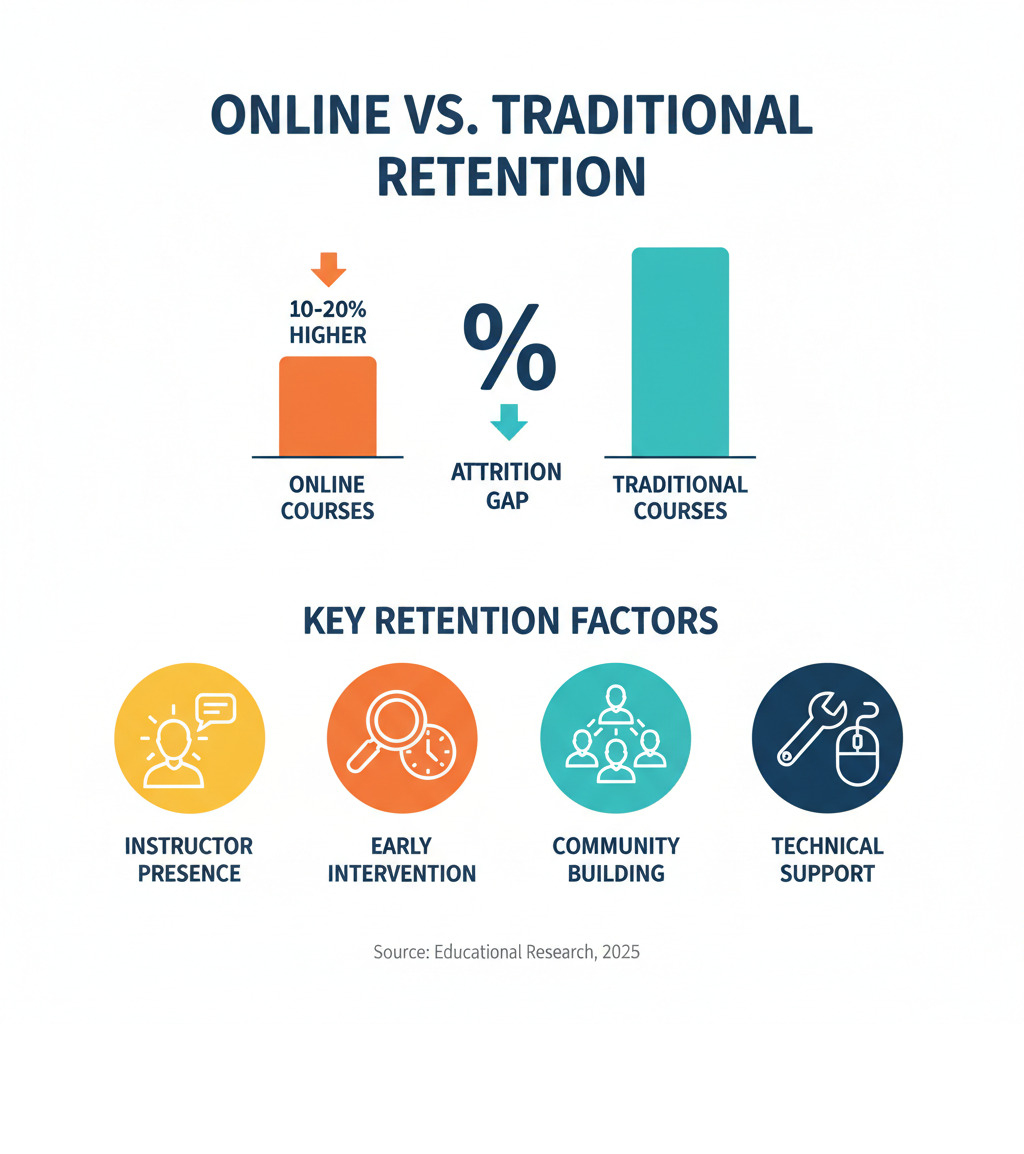 Infographic showing online vs traditional retention rates with 10-20% higher dropout rates for online courses, key retention factors including instructor presence, early intervention, community building, and technical support - online student retention strategies infographic  Infographic showing online vs traditional retention rates with 10-20% higher dropout rates for online courses, key retention factors including instructor presence, early intervention, community building, and technical support - online student retention strategies infographic