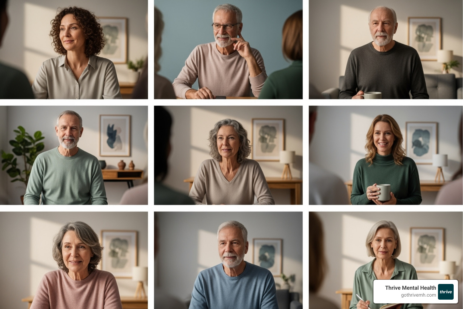 a diverse group of people in a supportive virtual group therapy session - Outpatient mental health Tampa