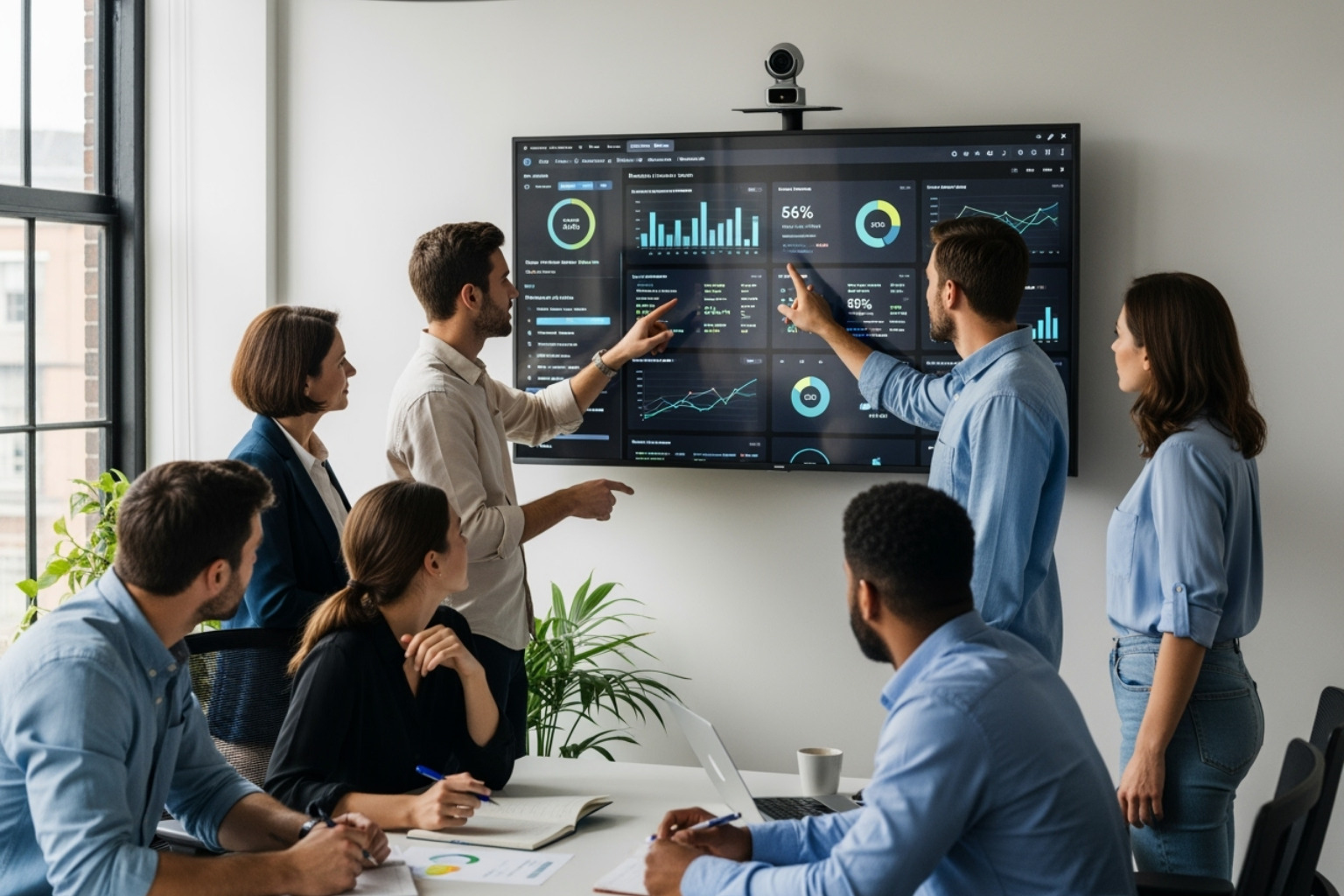 marketing team collaborating around a dashboard - higher education digital marketing