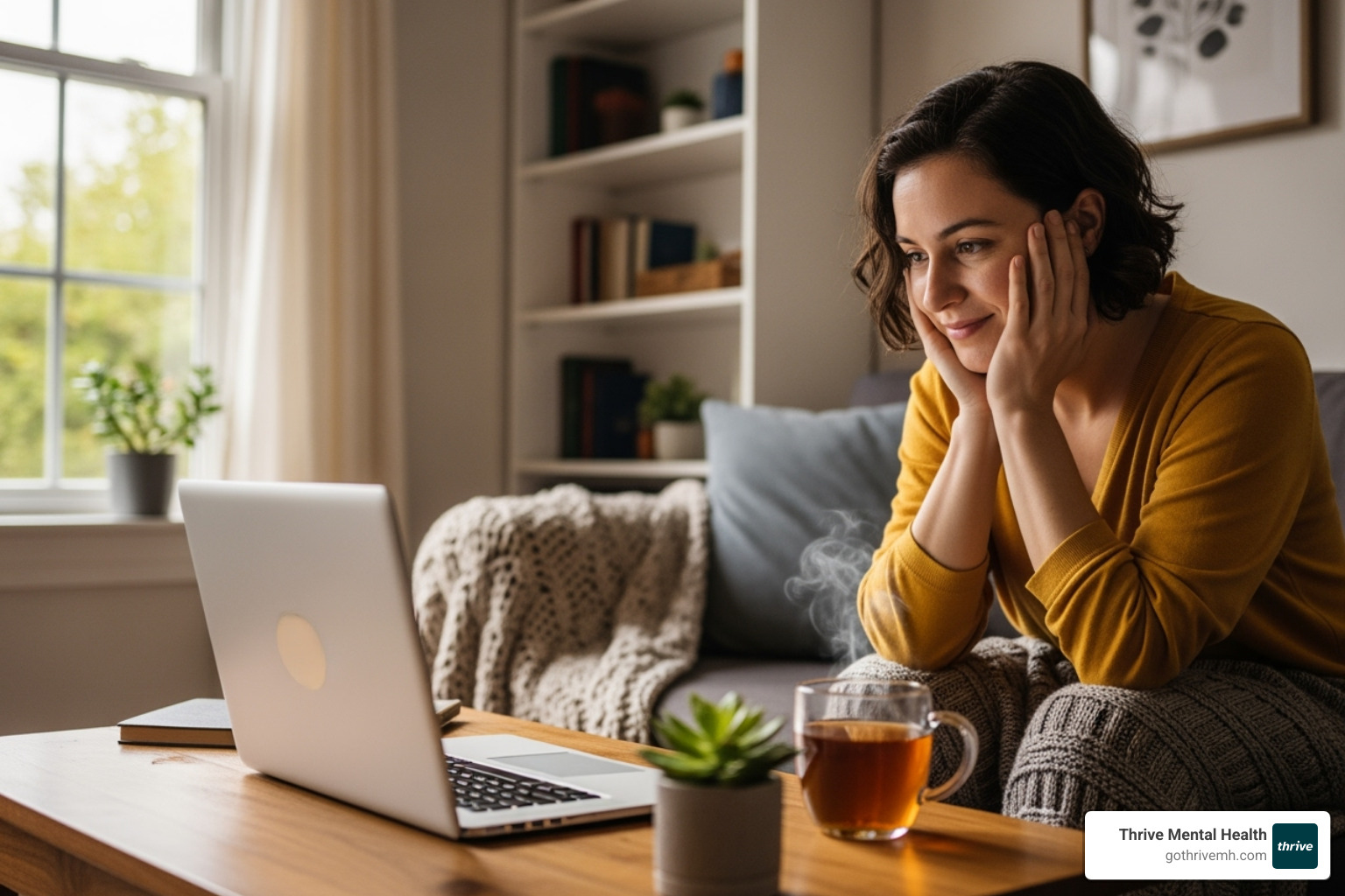 Person participating in a virtual therapy session, looking relieved - is ocd an anxiety disorder