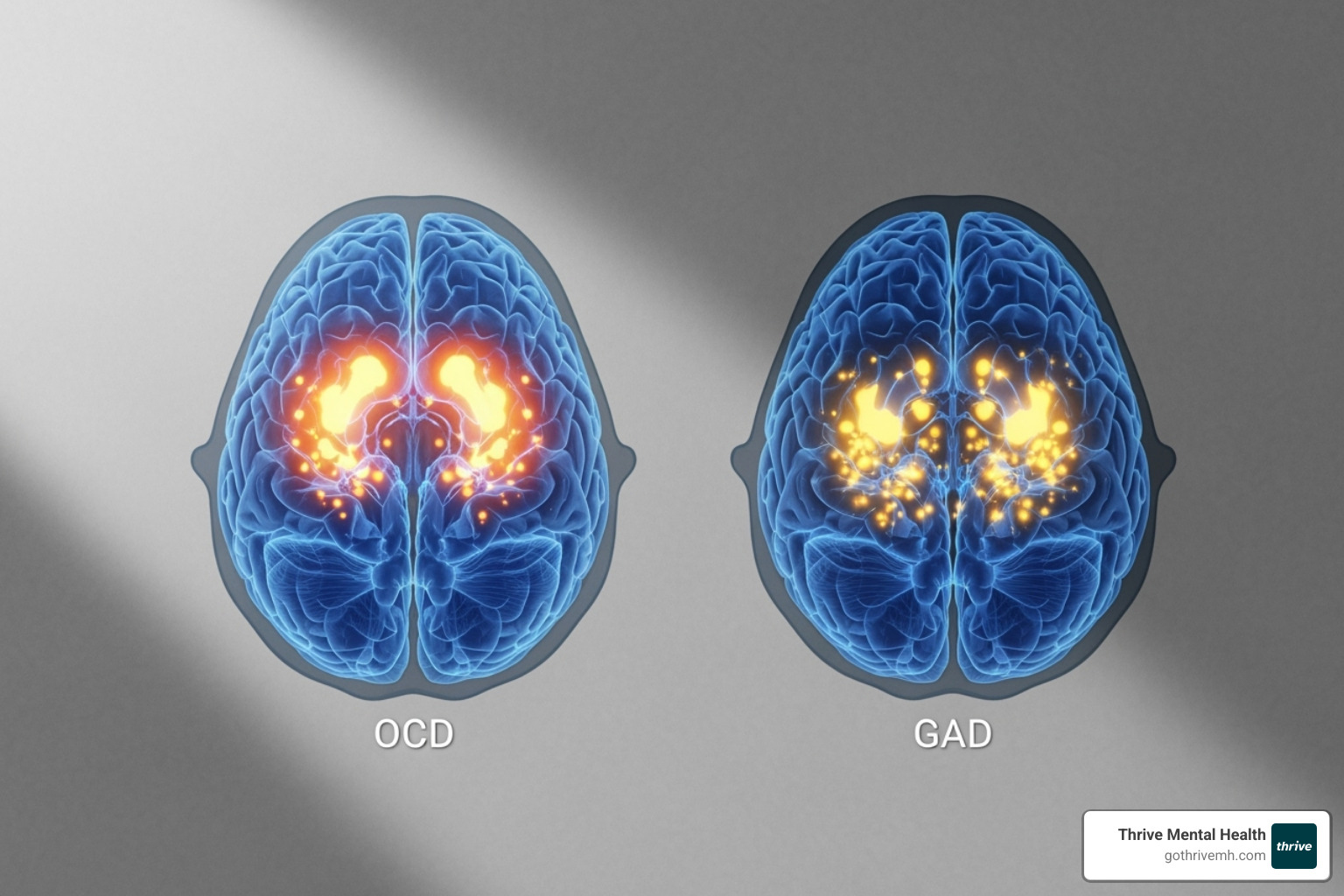 Brain scans showing heightened activity in OCD-related circuits versus general anxiety patterns - is ocd an anxiety disorder
