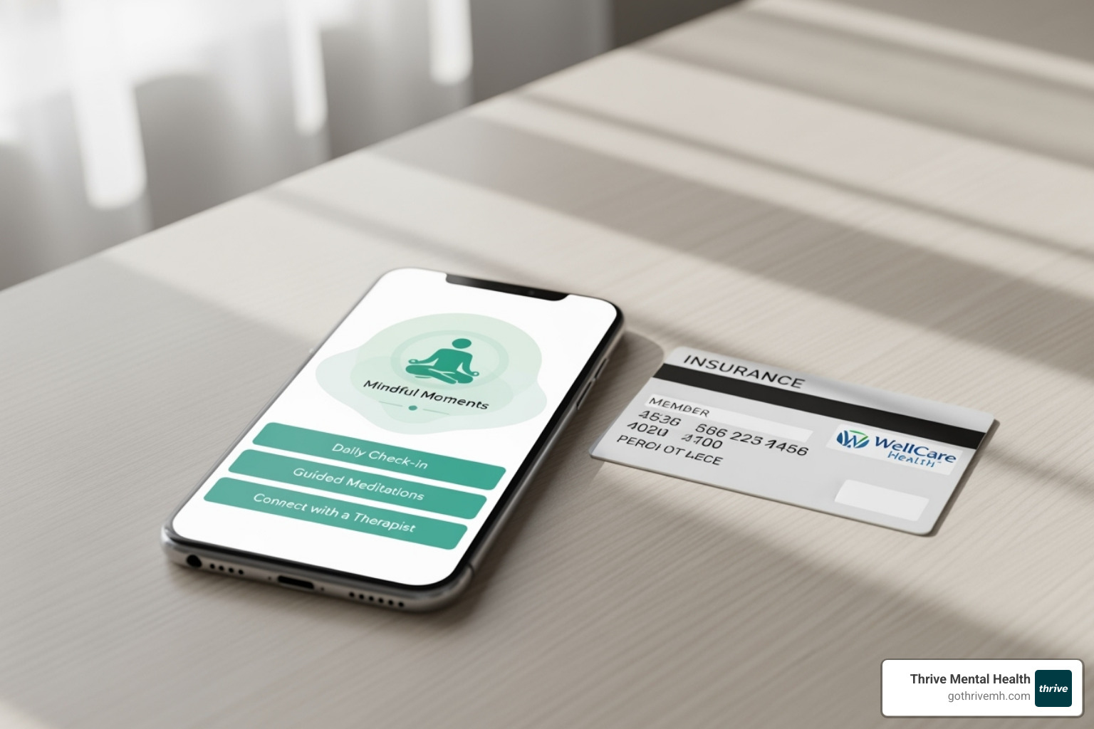insurance card next to a smartphone displaying a therapy app - insurance covered online therapy