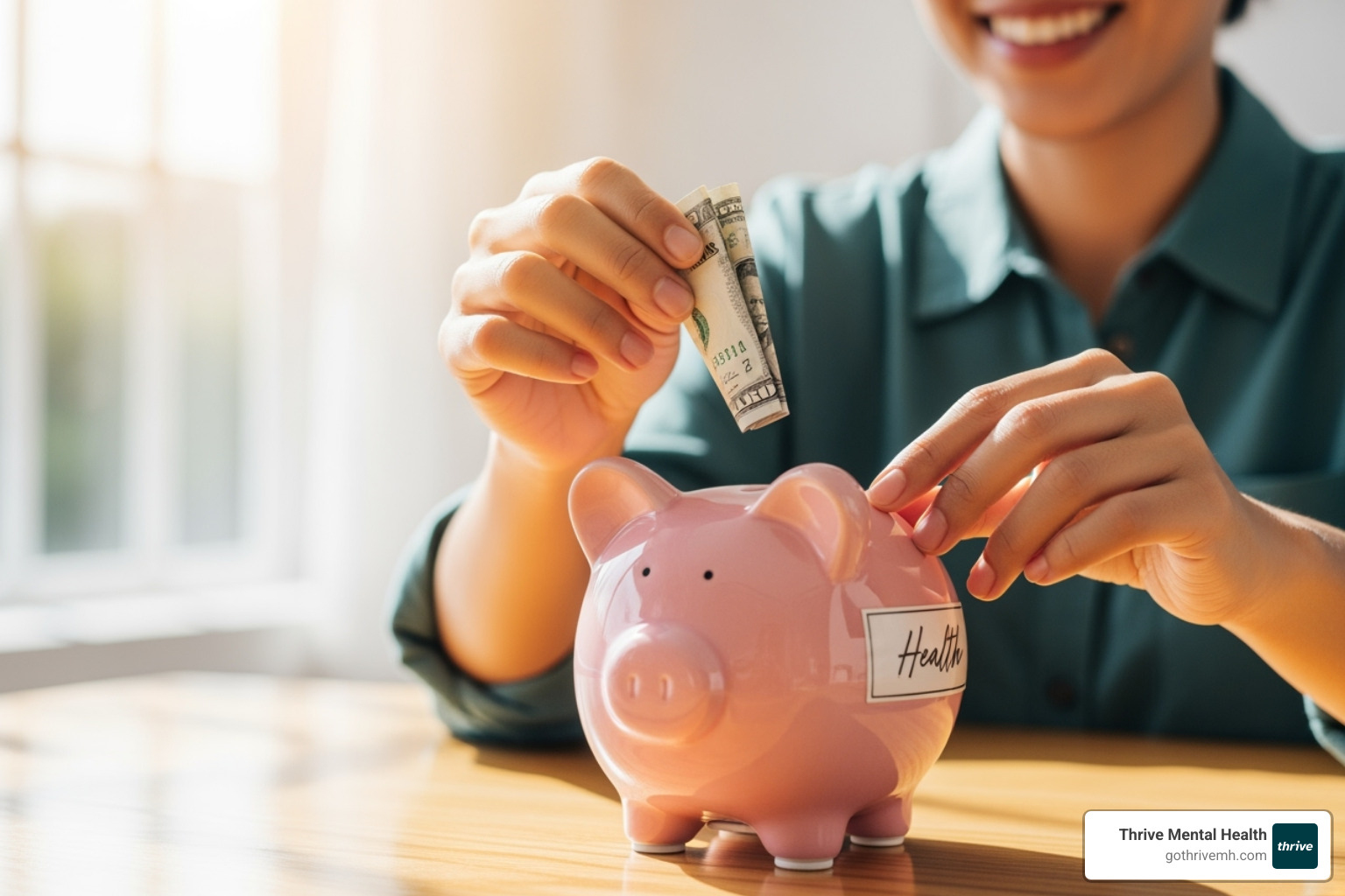 person smiling and saving money in a piggy bank labeled "Health" - insurance covered online therapy