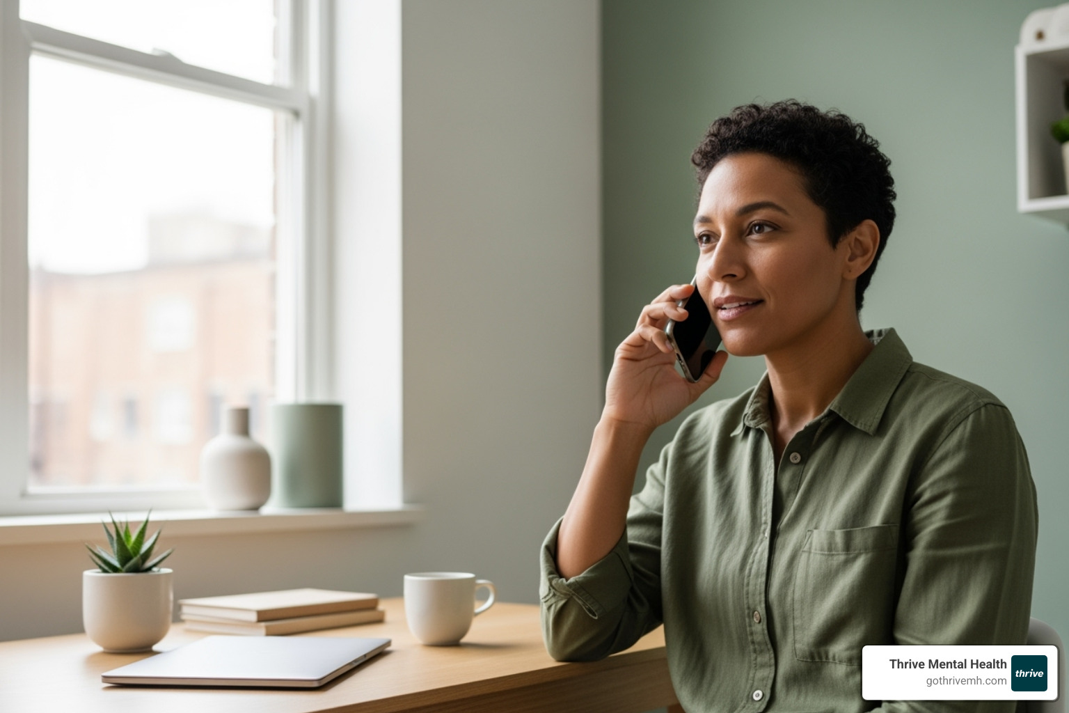 person on the phone with their insurance provider, looking confident - insurance covered online therapy