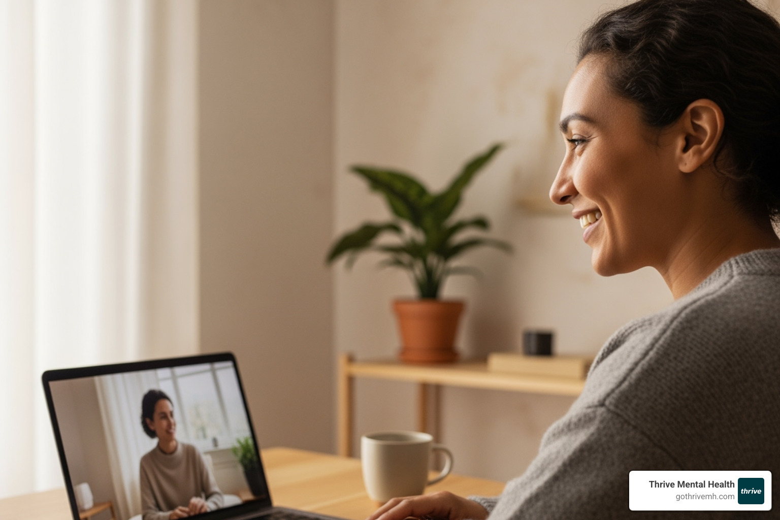 person smiling during a video therapy session - therapist near me