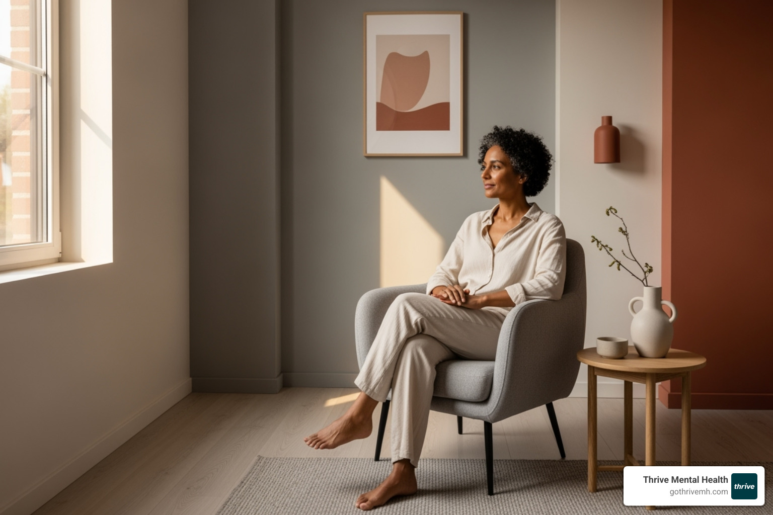 single person sitting in a calm, safe-looking therapy room - therapist near me