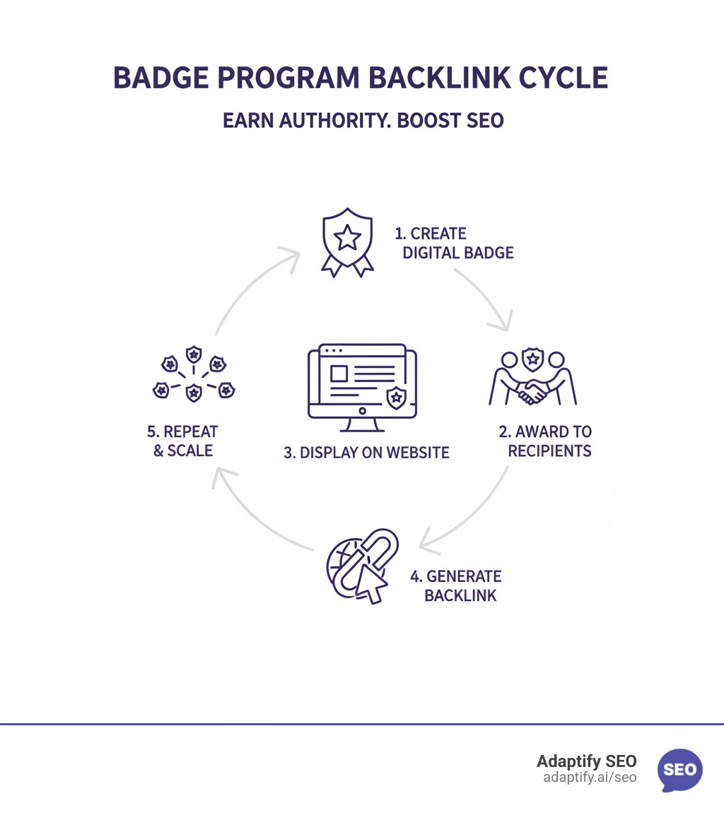 Infographic showing the badge program backlink cycle: Company creates digital award badge, awards it to deserving recipients, recipients display badge with pride on their website footer or about page, each display generates a backlink to the awarding company, cycle repeats as more recipients are awarded - badge program backlink infographic
