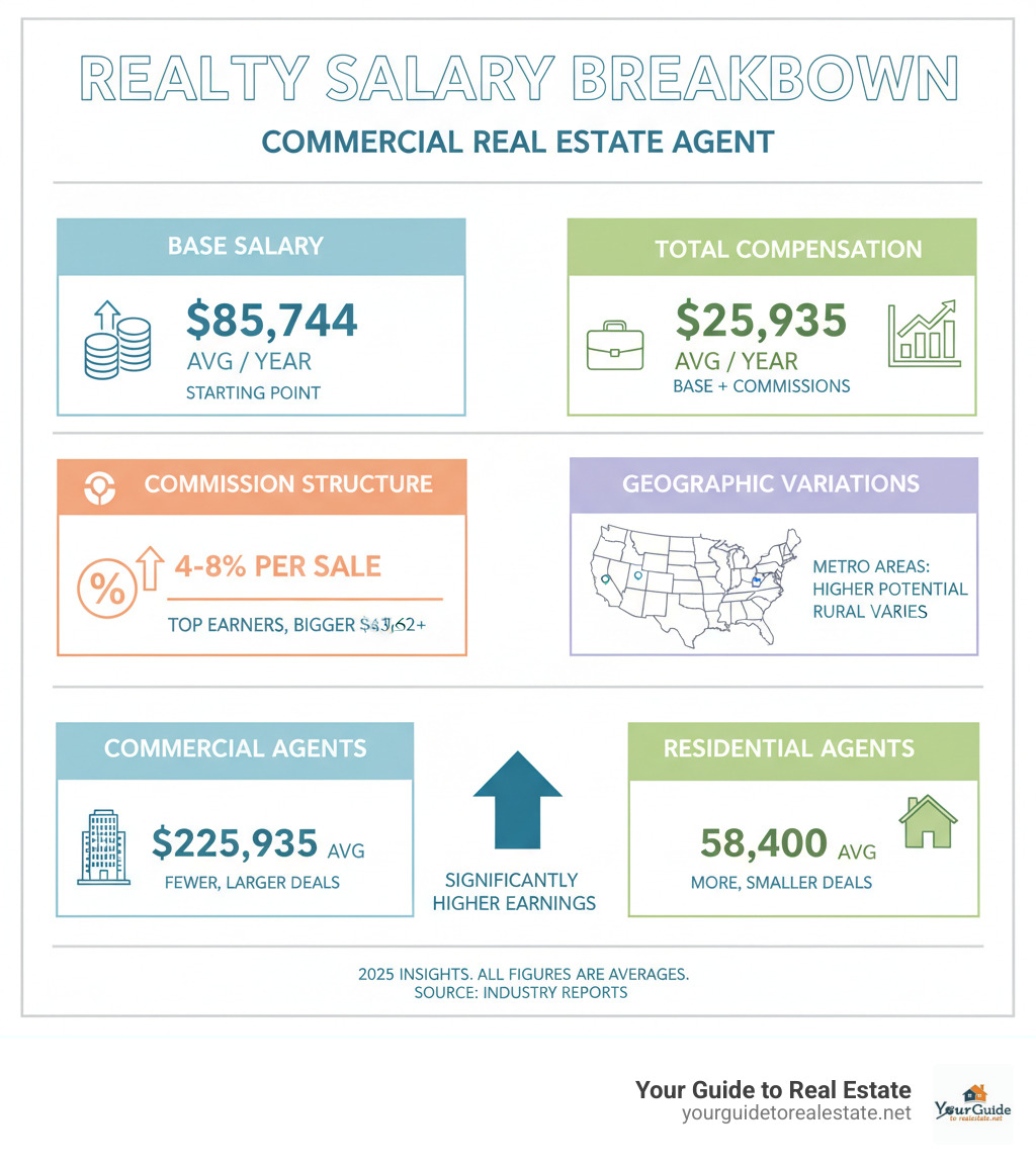 Comprehensive breakdown of commercial real estate agent salary components including base salary, commission structure, geographic variations, and comparison with residential agents and brokers - commercial real estate agent salary infographic 