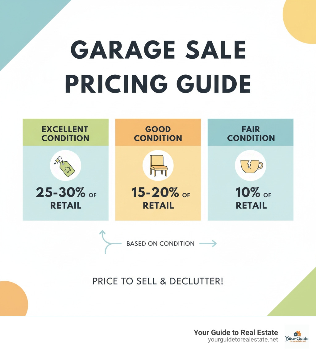 Infographic showing the 10-30% pricing rule for garage sale items based on condition, with excellent condition at 25-30%, good condition at 15-20%, and fair condition at 10% of original retail price - free garage sale pricing list infographic 