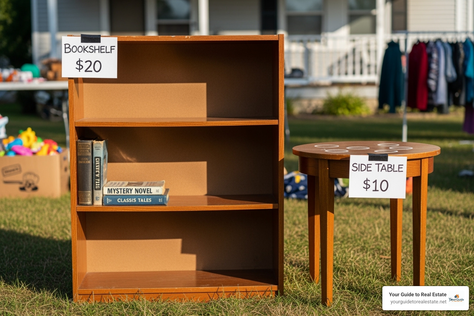 used furniture like a bookshelf and side table at a yard sale - free garage sale pricing list