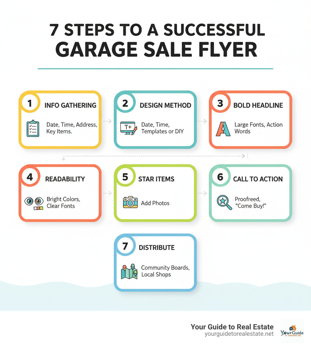 Infographic showing the 7 essential steps to create an effective garage sale flyer: Step 1 - Gather essential information including date, time, address and key items; Step 2 - Choose design method and theme using templates or DIY tools; Step 3 - Craft bold headline with large fonts and action words; Step 4 - Design for readability with bright colors and clear fonts; Step 5 - Add photos of star items to attract buyers; Step 6 - Proofread and add clear call to action; Step 7 - Print and distribute strategically to community boards and local businesses - garage sale flyer infographic 
