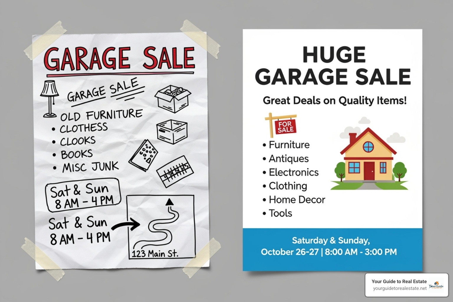 Comparison of a cluttered, hard-to-read DIY flyer versus a clean, professional template-based flyer - garage sale flyer