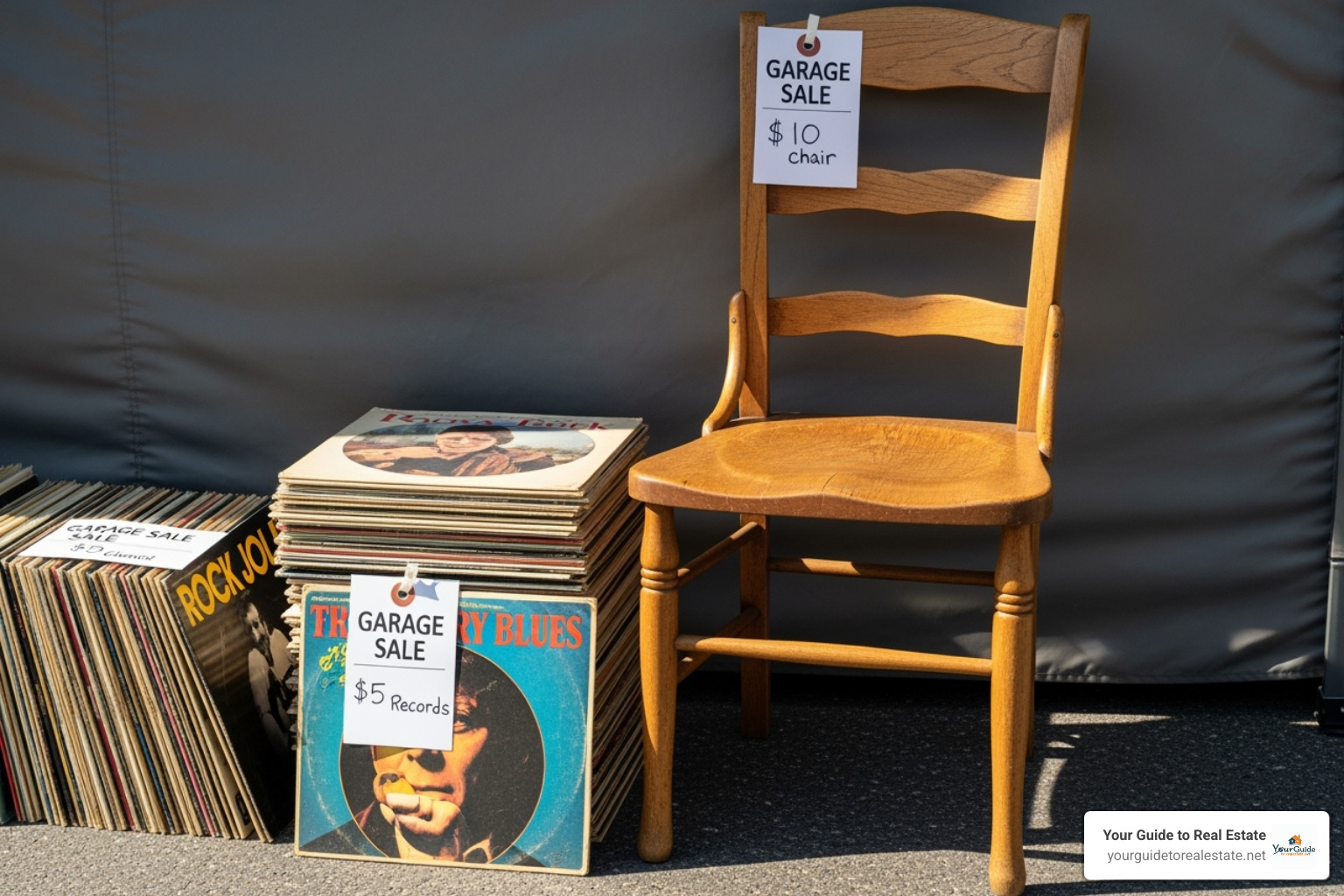 High-quality photo of desirable items for sale, like an antique chair and vintage records - garage sale flyer