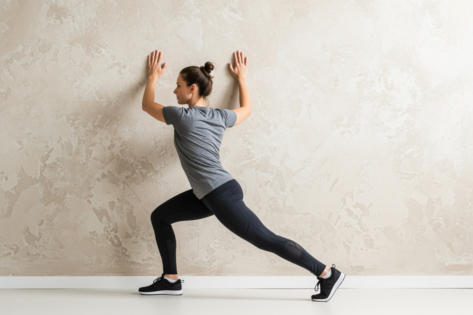 person performing a calf stretch against a wall - What helps aching feet?