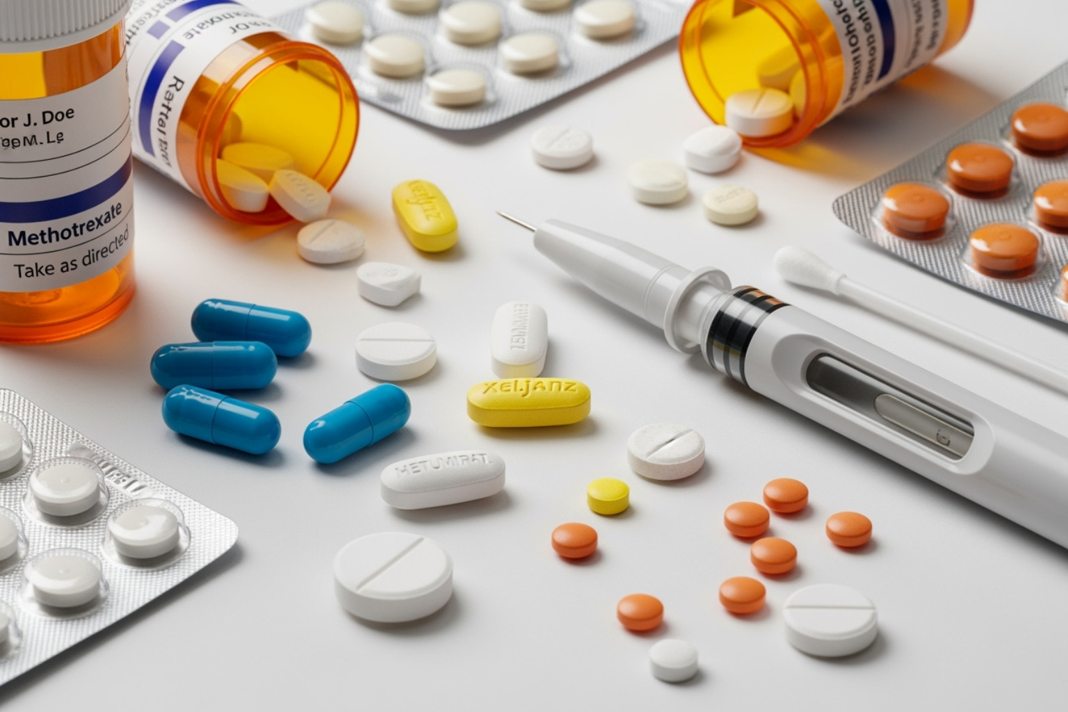 Different types of RA medications, including pills and an injection pen - What helps rheumatoid arthritis?